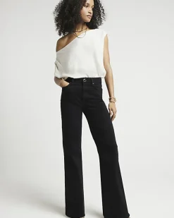 River Island High Rise Wide Leg Jeans Black Outlet