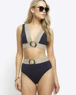 River Island high waisted buckle bikini bottoms Black Best