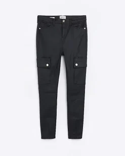 River Island high waisted coated cargo skinny jeans Black Discount