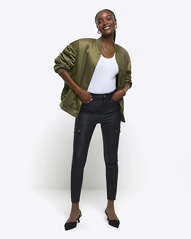 River Island high waisted coated cargo skinny jeans Black Discount