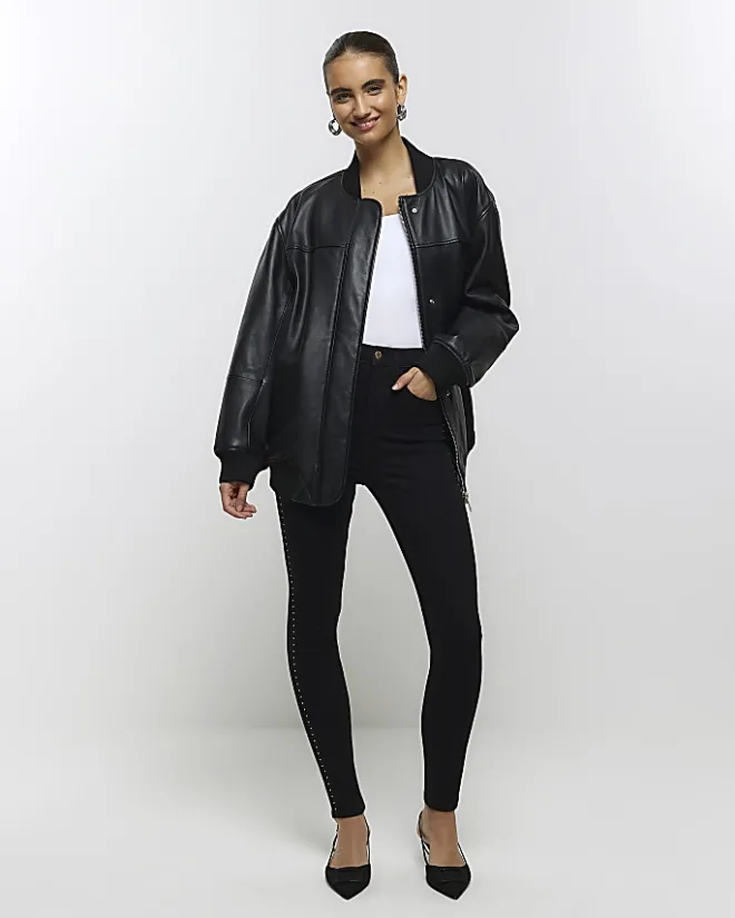River Island high waisted stud skinny jeans Black Online