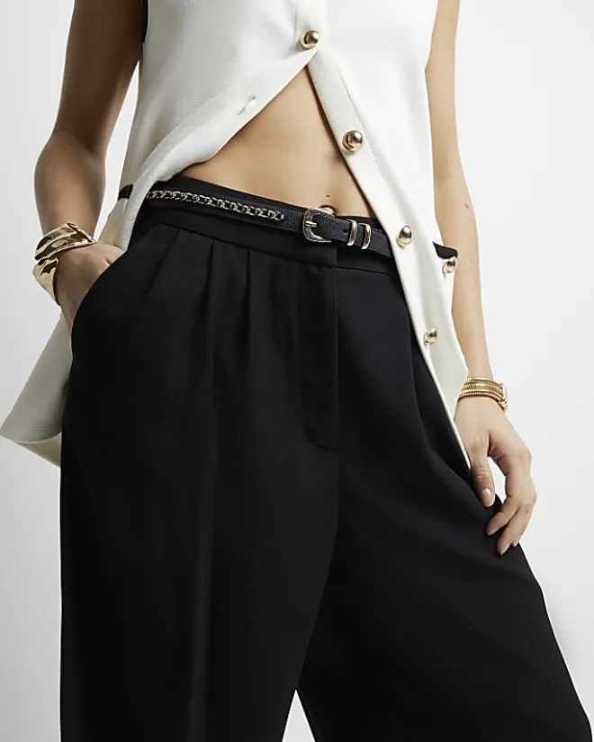 River Island High Waisted Wide Leg Trousers Black Hot