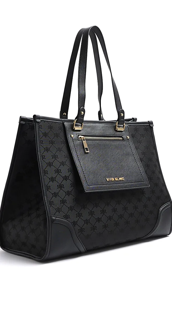 River Island jacquard monogram shopper bag Black Fashion