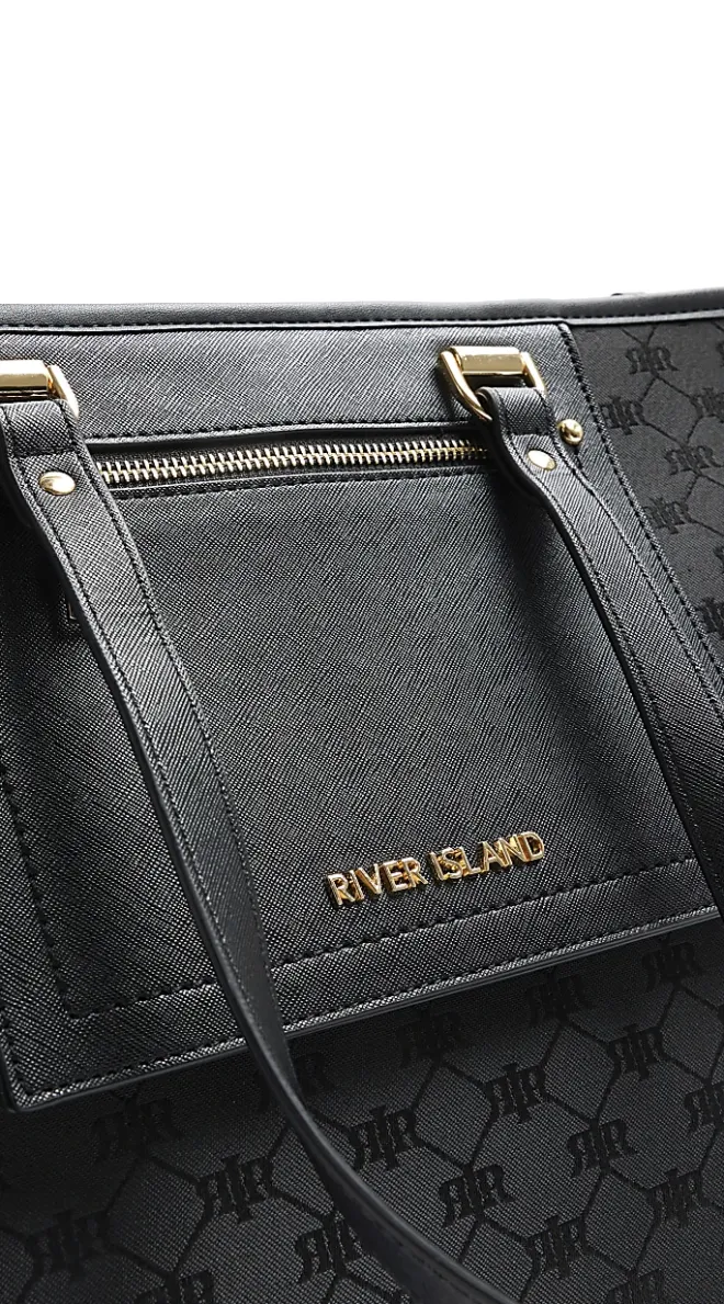 River Island jacquard monogram shopper bag Black Fashion