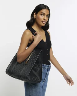 River Island jacquard RI monogram shopper bag Black New
