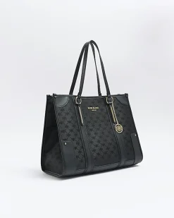 River Island jacquard RI monogram shopper bag Black New