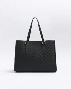 River Island jacquard RI monogram shopper bag Black New