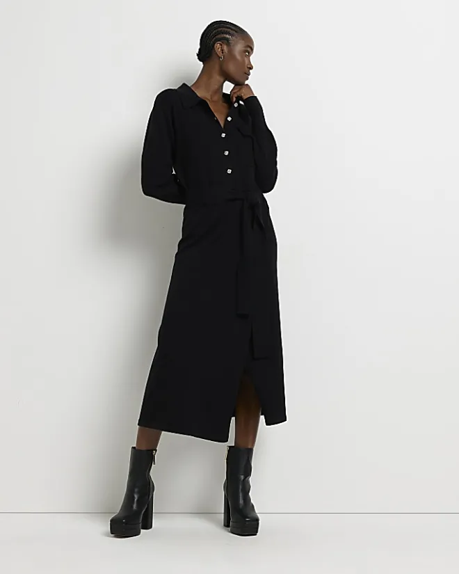 River Island knit belted jumper midi dress Black Best
