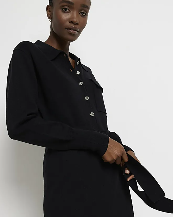 River Island knit belted jumper midi dress Black Best