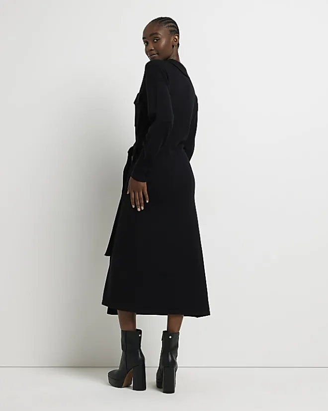 River Island knit belted jumper midi dress Black Best