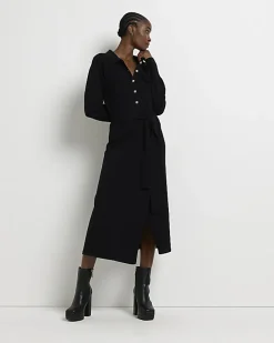 River Island knit belted jumper midi dress Black Best