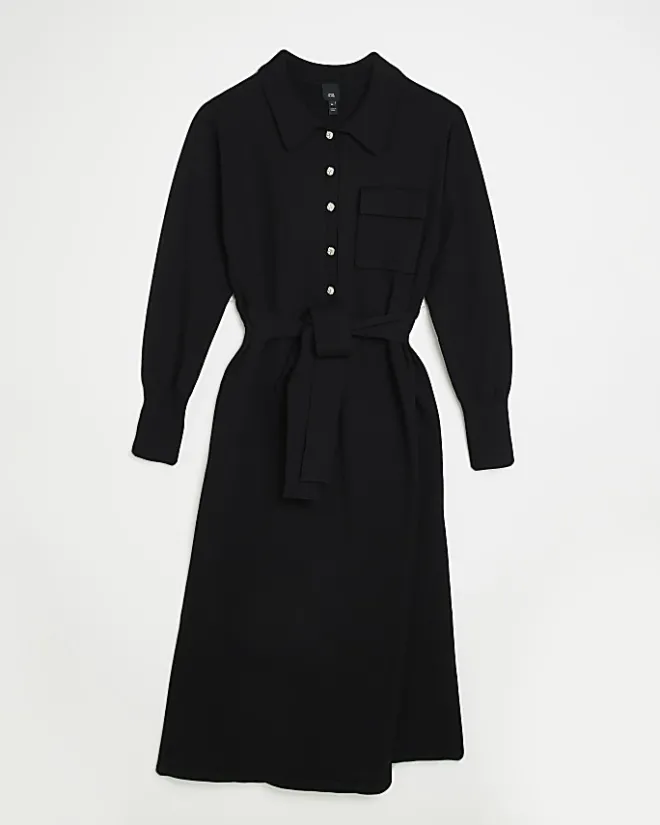 River Island knit belted jumper midi dress Black Best