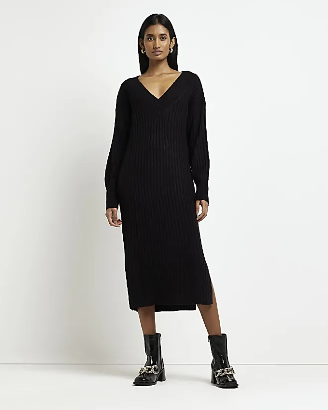 River Island knit jumper midi dress Black Outlet