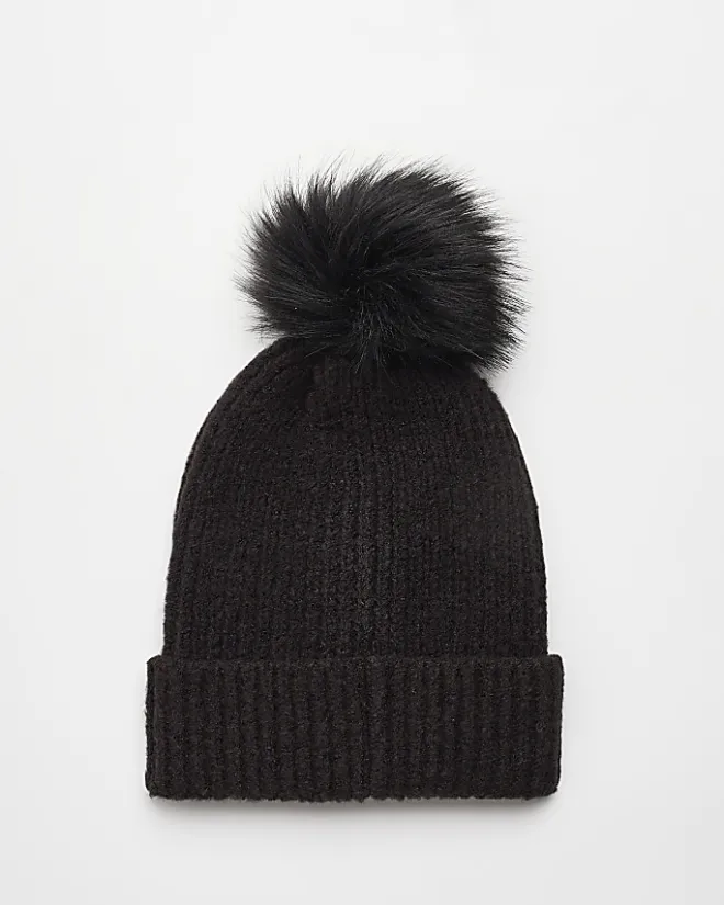 River Island knit pom beanie Black Sale