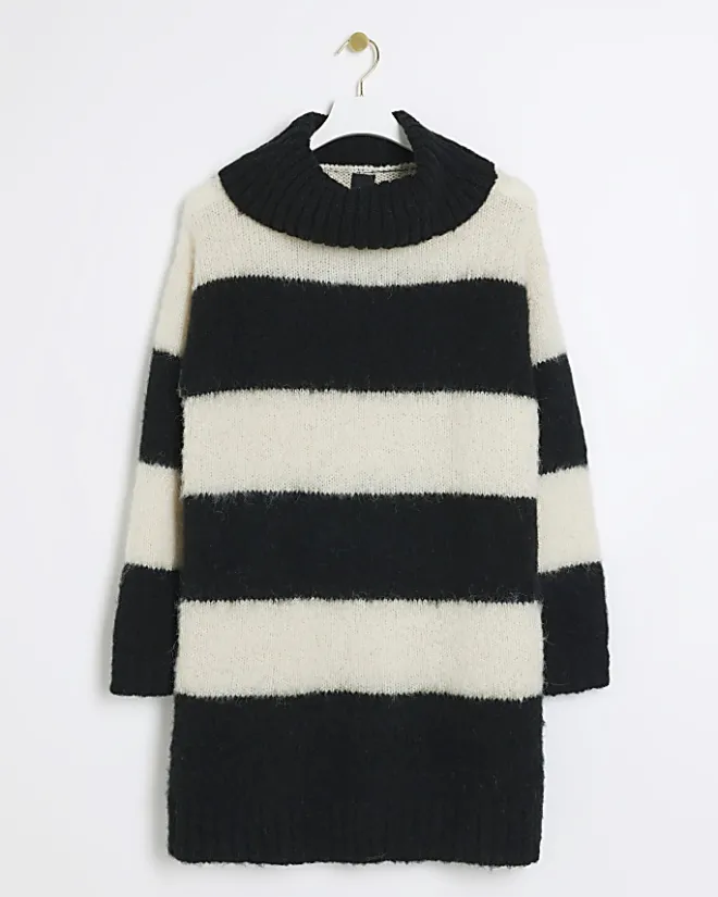 River Island knit stripe jumper mini dress Black Outlet
