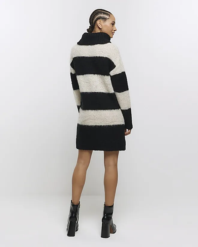 River Island knit stripe jumper mini dress Black Outlet