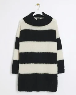 River Island knit stripe jumper mini dress Black Outlet