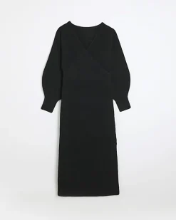 River Island knit wrap jumper midi dress Black Discount
