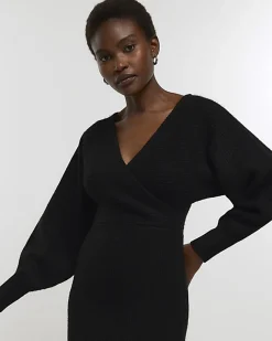 River Island knit wrap jumper midi dress Black Discount