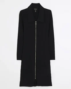 River Island knit zip bodycon mini dress Black Hot