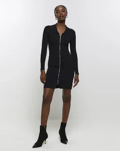 River Island knit zip bodycon mini dress Black Hot