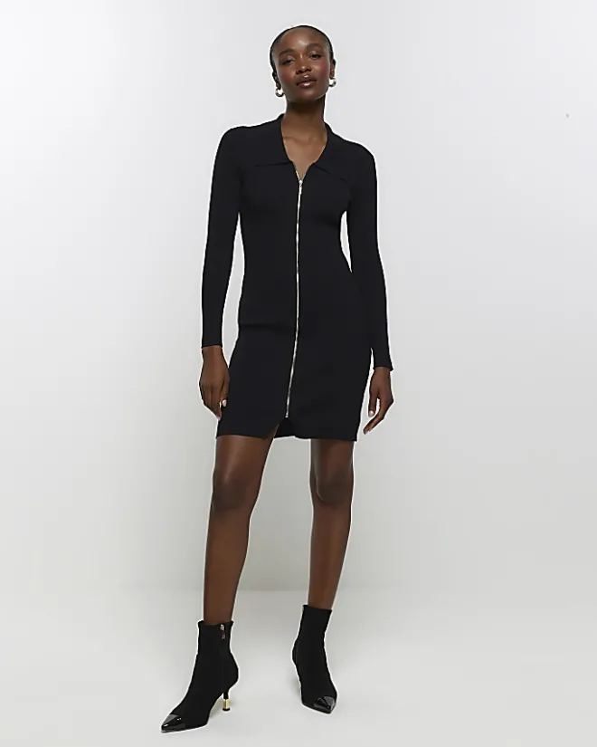 River Island knit zip bodycon mini dress Black Hot