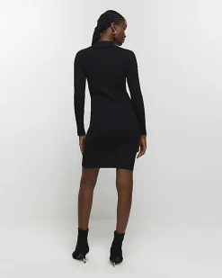 River Island knit zip bodycon mini dress Black Hot