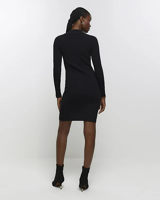 River Island knit zip bodycon mini dress Black Hot