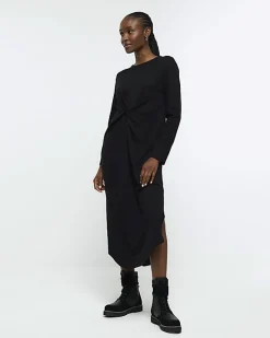 River Island knot long sleeve t-shirt midi dress Black Clearance