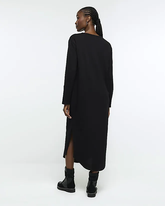 River Island knot long sleeve t-shirt midi dress Black Clearance
