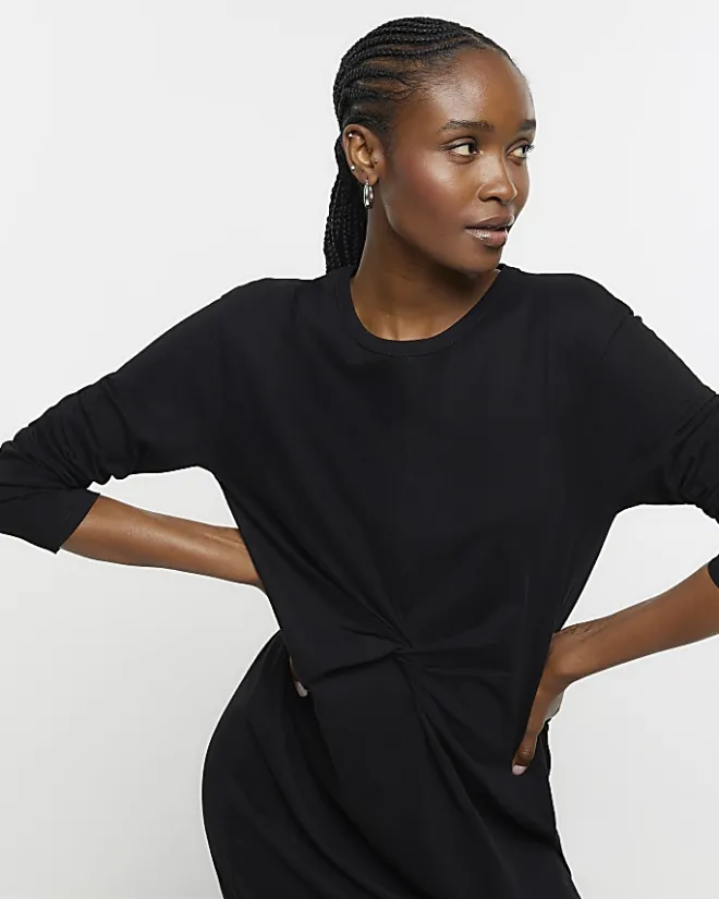 River Island knot long sleeve t-shirt midi dress Black Clearance