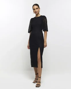 River Island lace split hem bodycon midi dress Black Sale