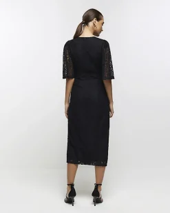 River Island lace split hem bodycon midi dress Black Sale