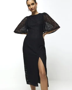 River Island lace split hem bodycon midi dress Black Sale