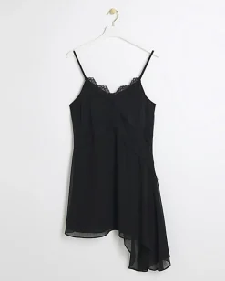 River Island lace trim asymmetric slip mini dress Black New