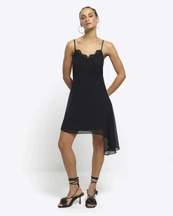 River Island lace trim asymmetric slip mini dress Black New