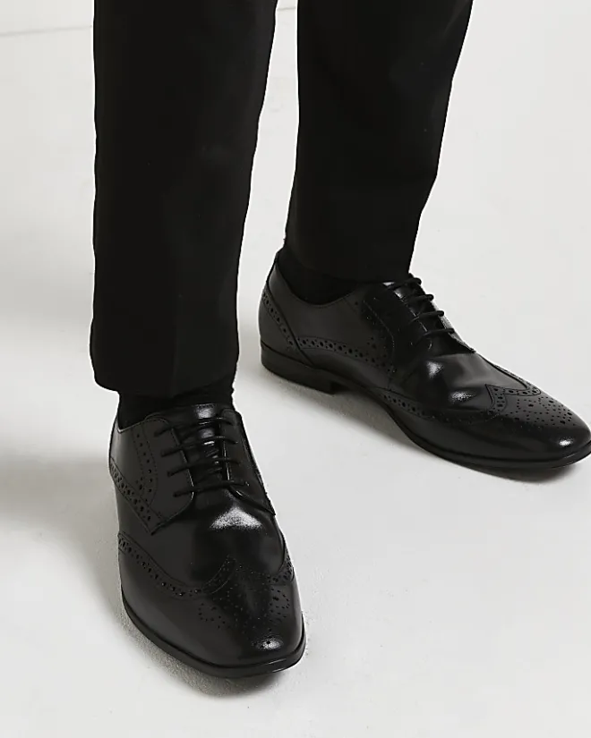 River Island leather lace up brogue derby shoes Black Hot