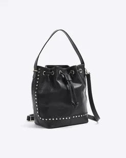 River Island leather studded cross body bag Black Clearance