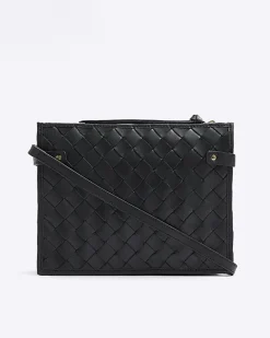 River Island leather weave cross body bag Black Outlet