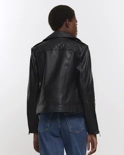 River Island leather zip up biker jacket Black Sale