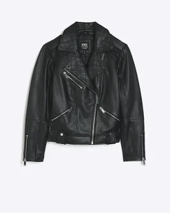 River Island leather zip up biker jacket Black Sale