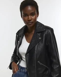 River Island leather zip up biker jacket Black Sale