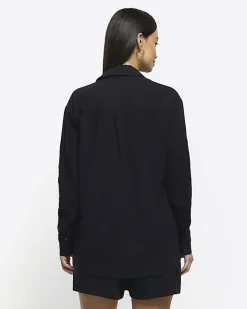 River Island linen blend long sleeve shirt Black Best