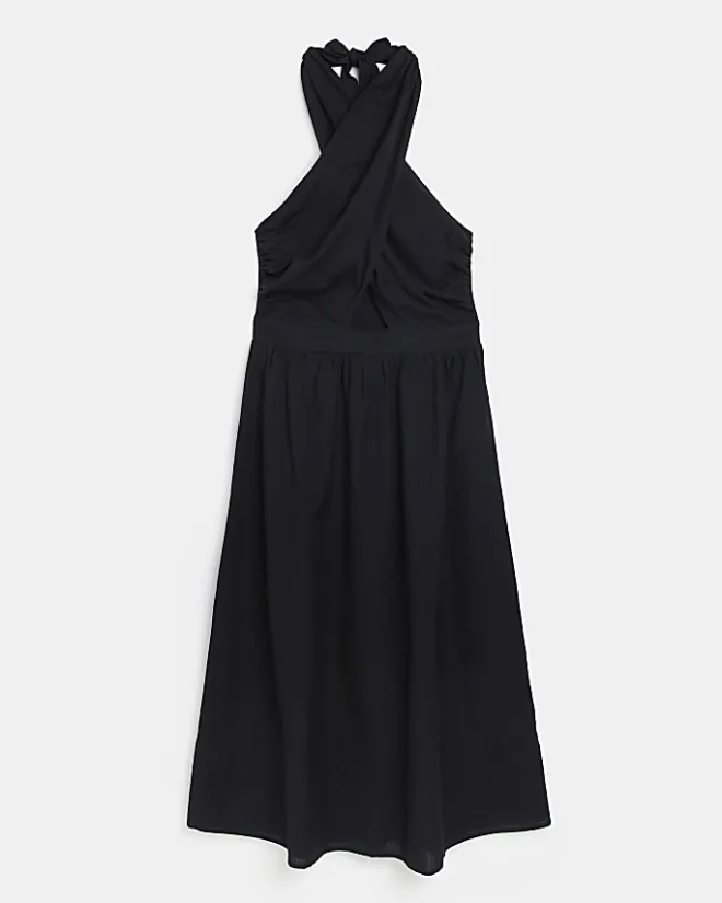 River Island linen halter neck midi dress Black Fashion