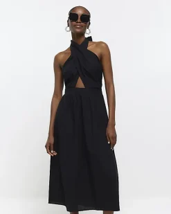 River Island linen halter neck midi dress Black Fashion