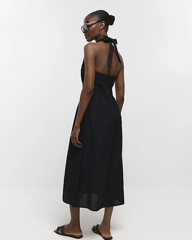 River Island linen halter neck midi dress Black Fashion