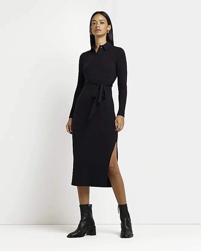 River Island long sleeve bodycon midi dress Black Sale