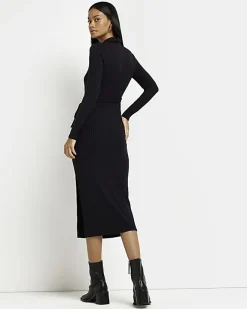 River Island long sleeve bodycon midi dress Black Sale