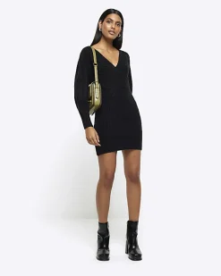 River Island long sleeve jumper mini dress Black Clearance