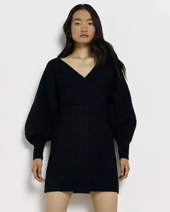 River Island long sleeve jumper mini dress Black Clearance